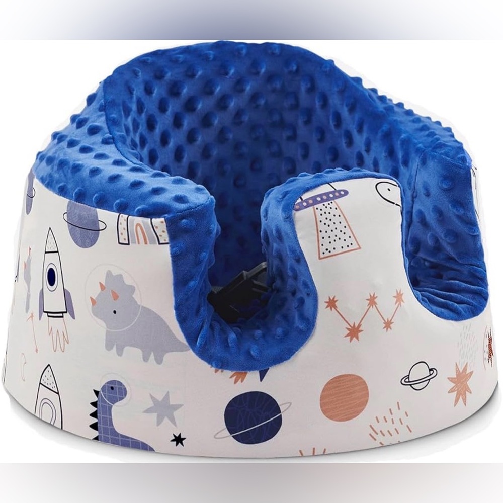 NWOT Kids Plush Minky Bumbo Floor Seat in Blue with Space Dino Print